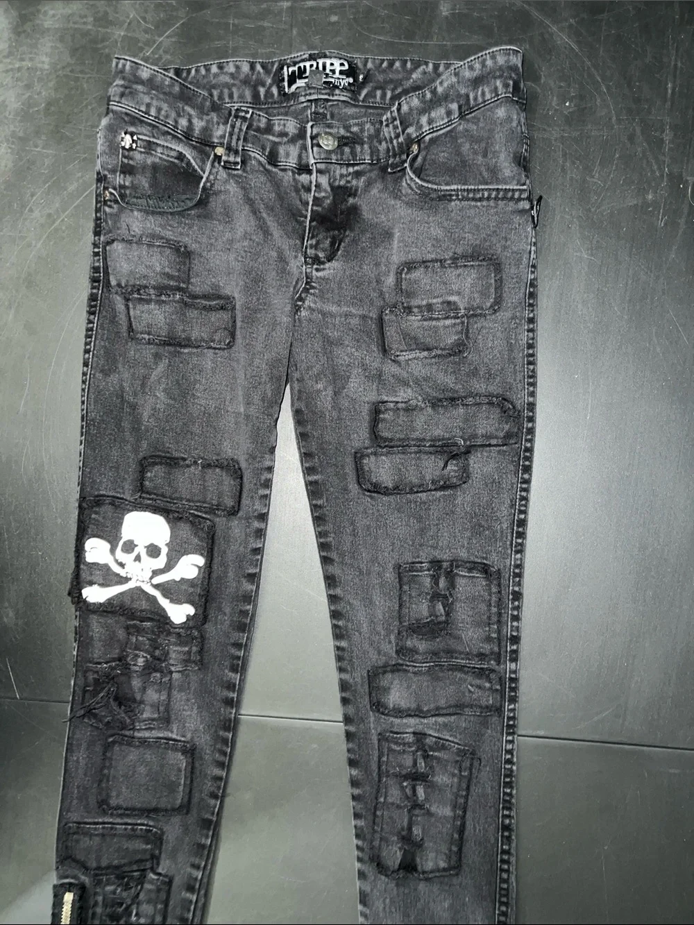 Tripp NYC Black Skinny Jeans with White Skull Patch